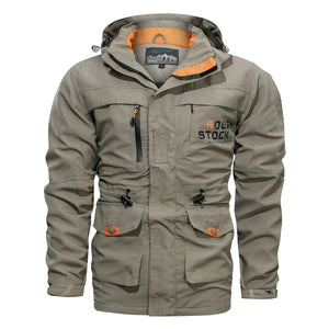 Khaki jacket with orange accents on a white background