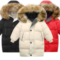 Three winter jackets with fur-lined hoods in black, beige, and red.