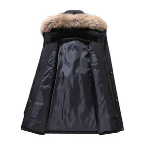 Black winter coat with fur-lined hood on a white background