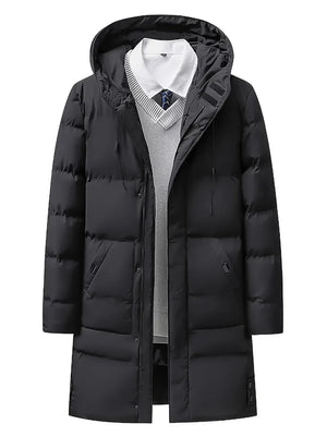 Black puffer coat with a hood on a white background