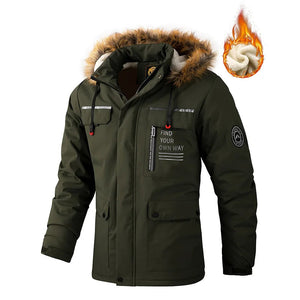 Green winter jacket with fur hood and brand logo on a white background