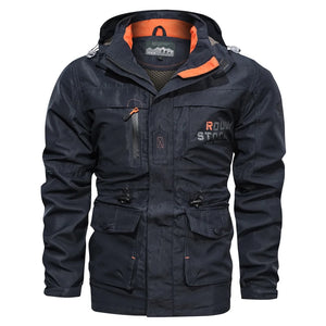 Dark blue jacket with orange interior on a white background