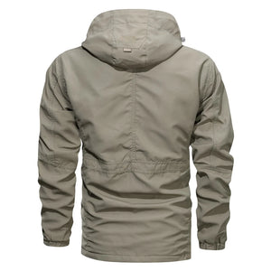 Khaki jacket with a hood on a white background