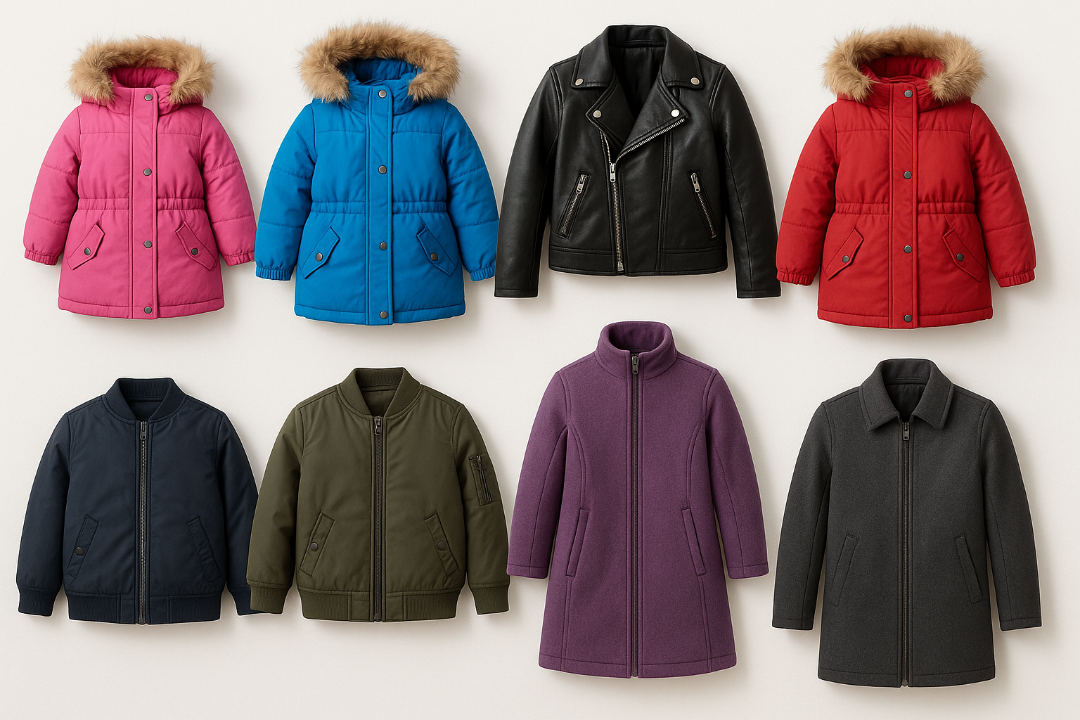 Kids jackets and coats for girls and boys – winter fur collar hooded parkas, leather jackets, bomber jackets, slim warm coats, kids outerwear.