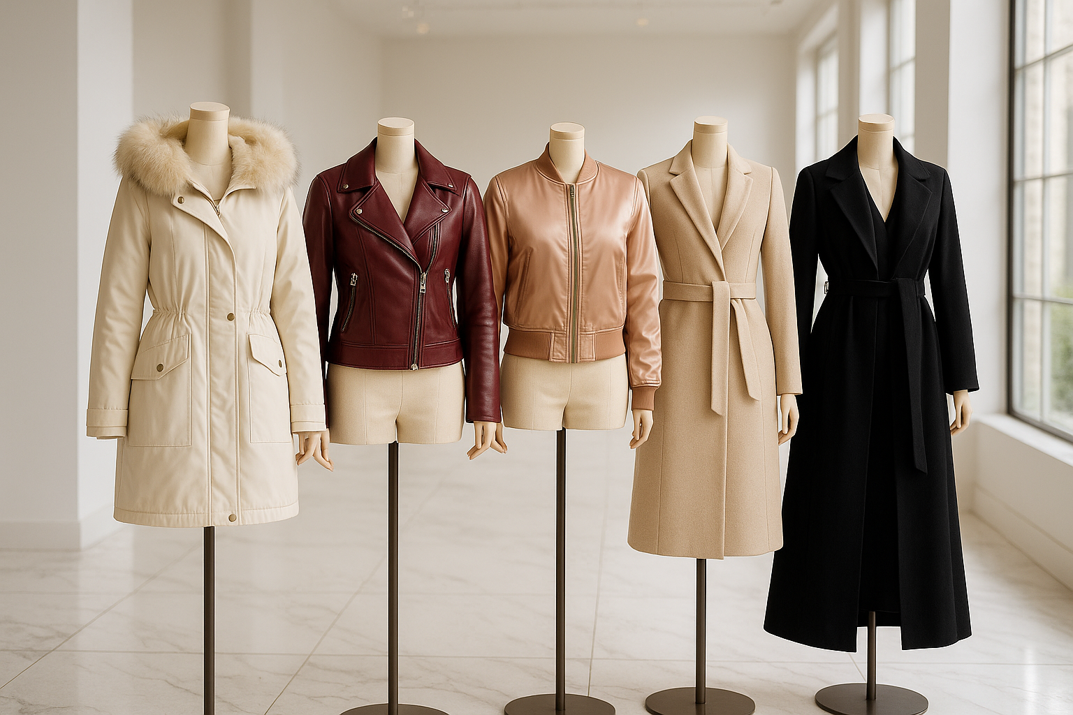 Women jackets and coats – winter fur collar hooded parkas, leather jackets, bomber jackets, slim fit coats, long elegant outerwear.