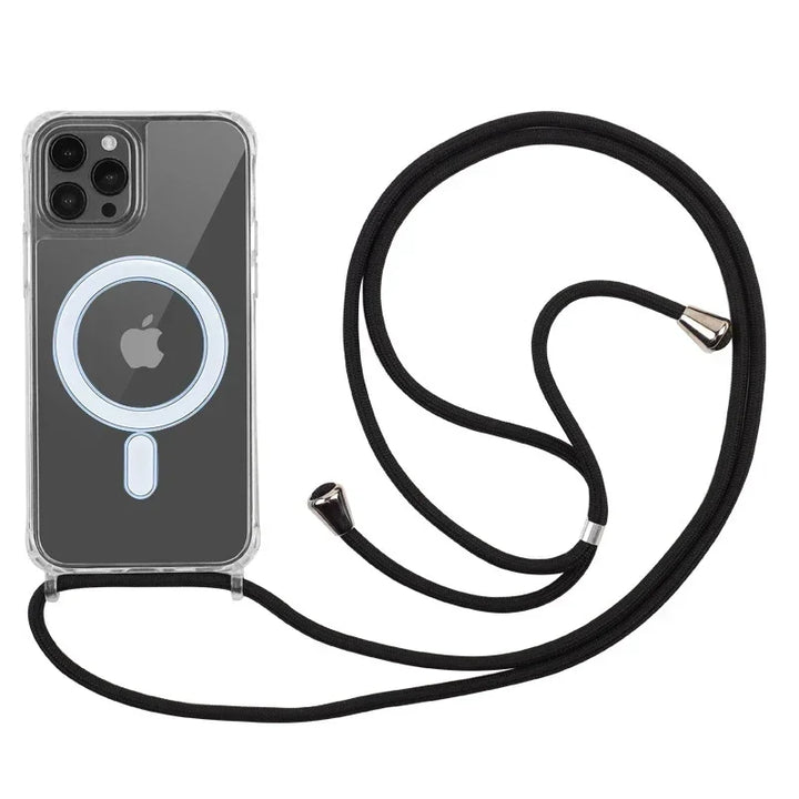 MagSafe Compatible iPhone Case with Transparent Design and Crossbody Strap