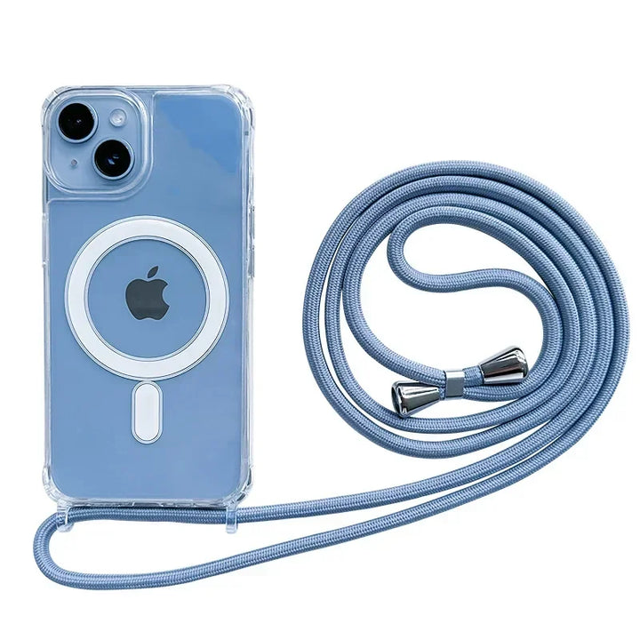 MagSafe Compatible iPhone Case with Transparent Design and Crossbody Strap