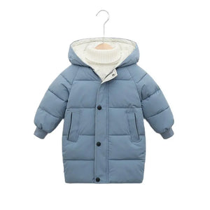 Blue children's puffer jacket with a white hood on a hanger against a white background