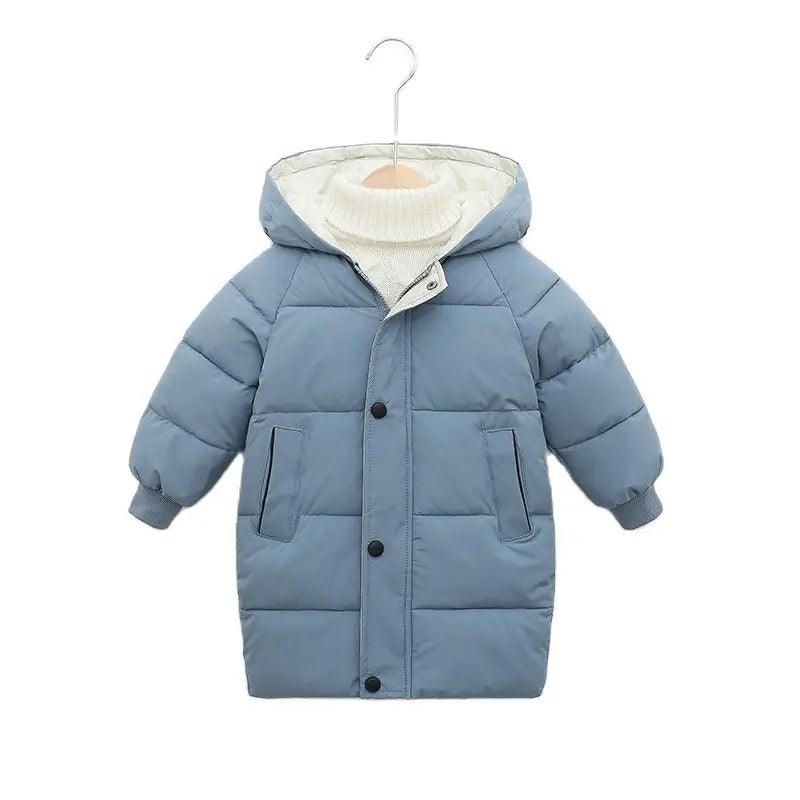 Blue children's puffer jacket with a white hood on a hanger against a white background