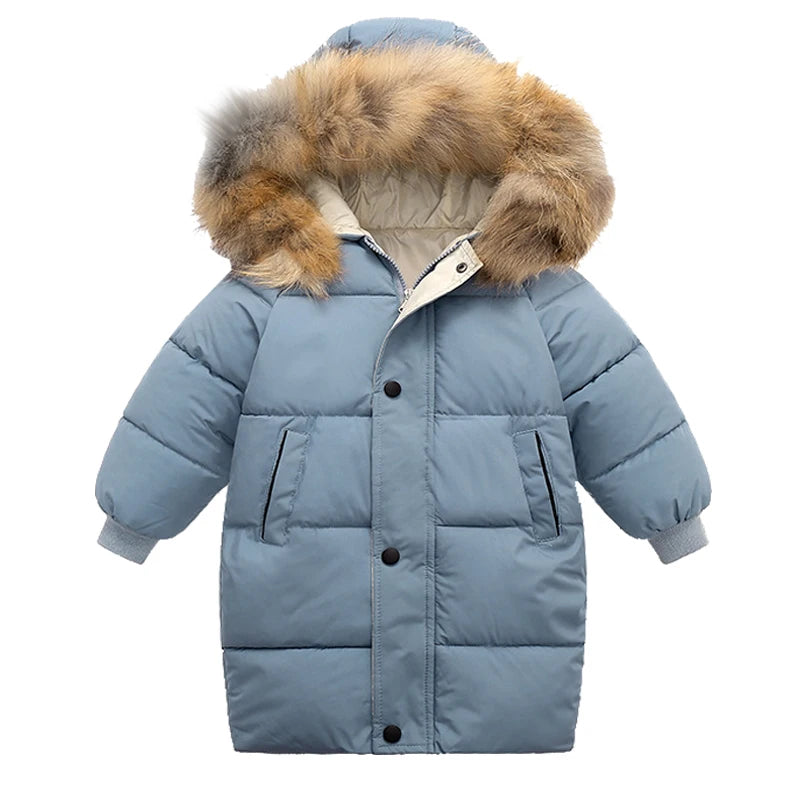 Blue children's puffer jacket with fur hood on a white background
