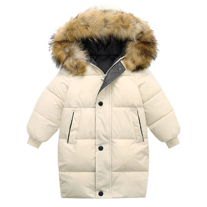 Beige winter coat with a fur-lined hood on a white background