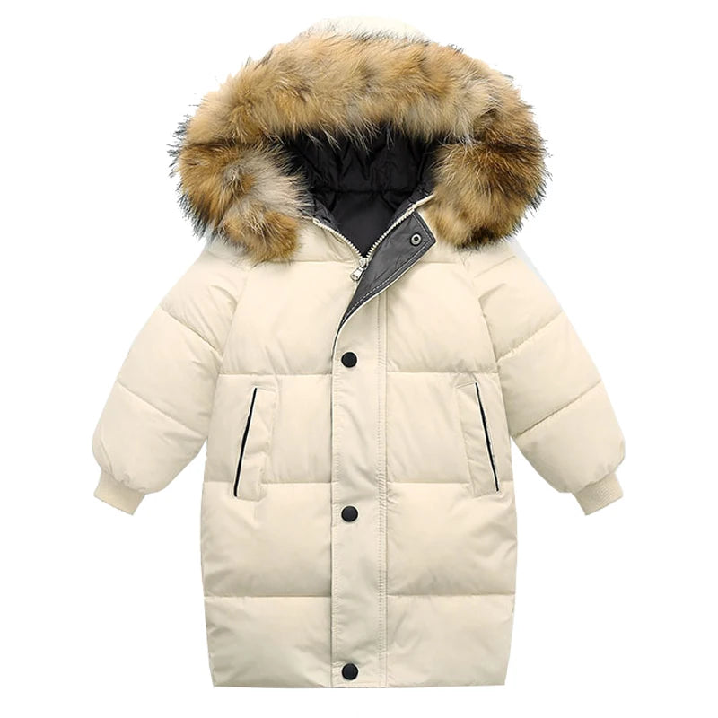 Beige winter coat with a fur-lined hood on a white background