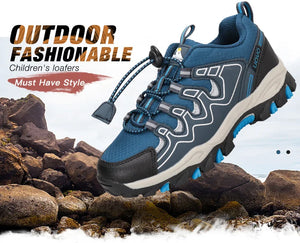 Blue children's loafer shoe on a rocky background with text about outdoor fashion.