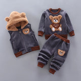 Children's fleece set with bear designs on a gray background
