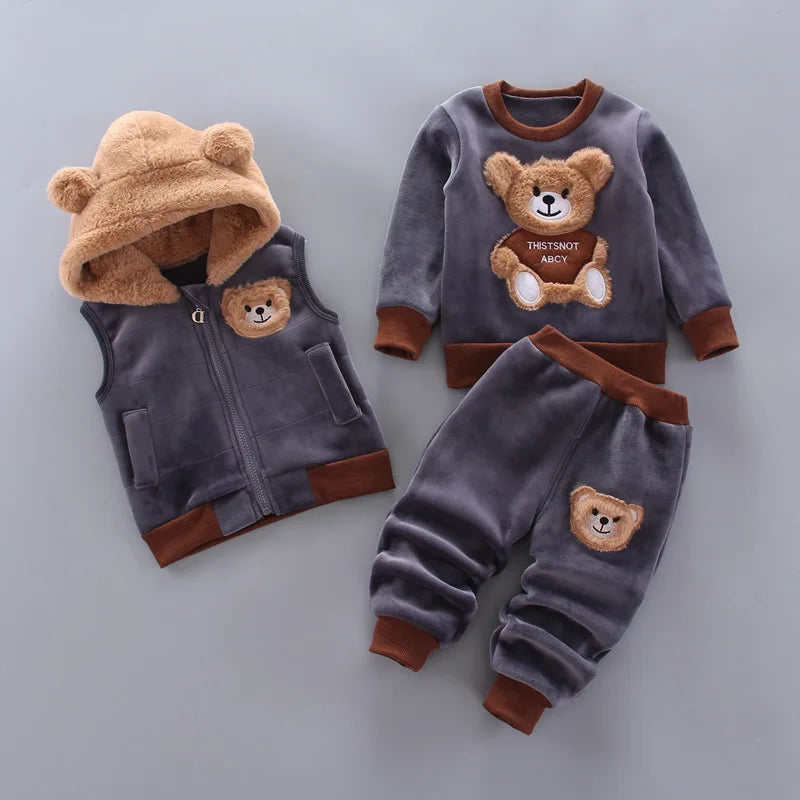 Children's fleece set with bear designs on a gray background