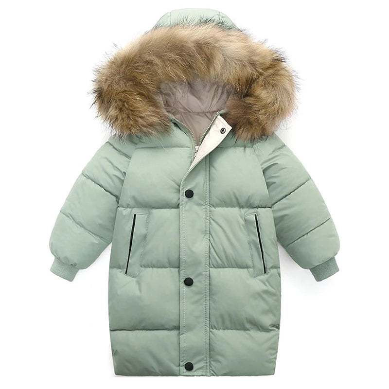 Green puffer jacket with fur-lined hood on a white background