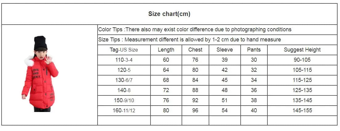 Size chart for a red winter coat with measurement details.
