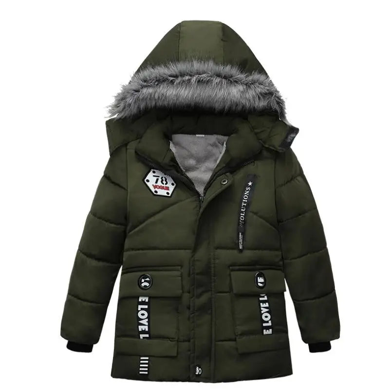 Green winter jacket with fur-lined hood on a white background