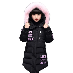 Black puffer jacket with pink text and hood on a white background