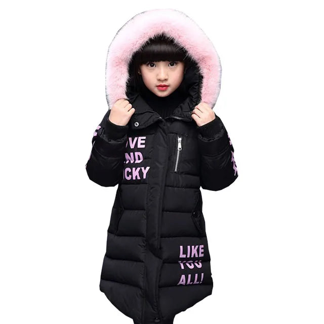 Black puffer jacket with pink text and hood on a white background