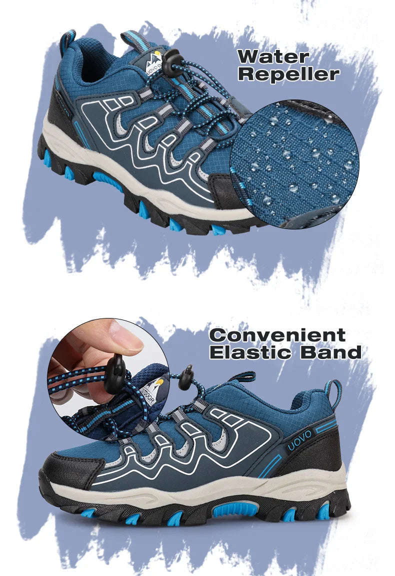 Blue hiking shoes with water repeller feature and convenient elastic band on a blue and white background.