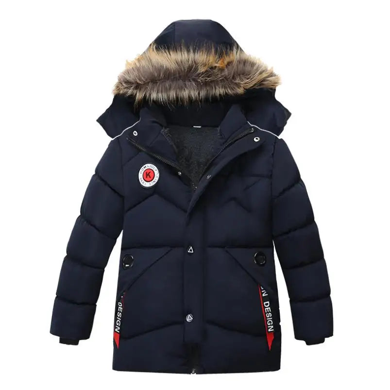 Navy blue winter jacket with fur-lined hood on a white background