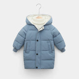 Blue children's puffer coat on a hanger against a white background