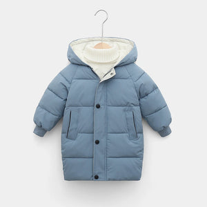 Blue children's puffer coat on a hanger against a white background