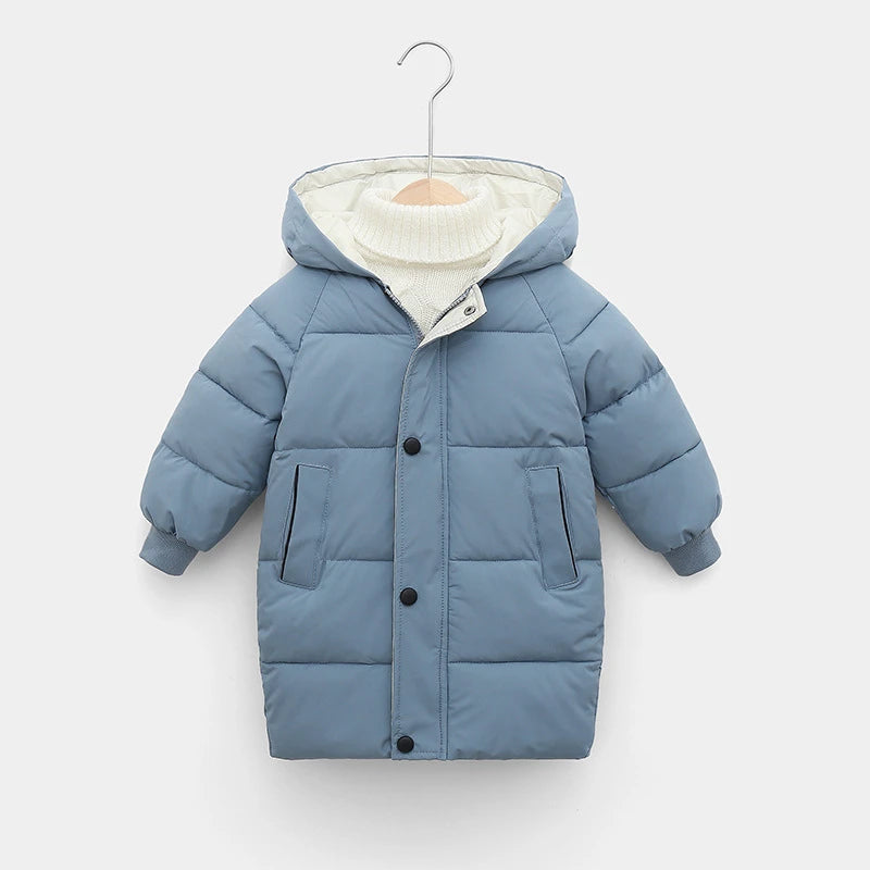 Blue children's puffer coat on a hanger against a white background