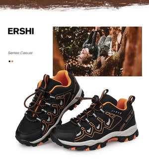 Black and orange hiking shoes with 'ERSHI' branding on a white background.