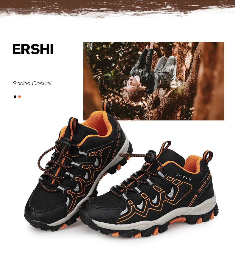 Black and orange hiking shoes with 'ERSHI' branding on a white background.