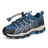 Blue and gray sneaker with branding on a white background