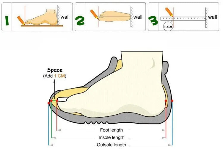 Diagram showing how to measure foot length for shoe size, with illustrations of a foot, hand, and ruler.