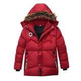 Red puffer jacket with fur-lined hood on a white background