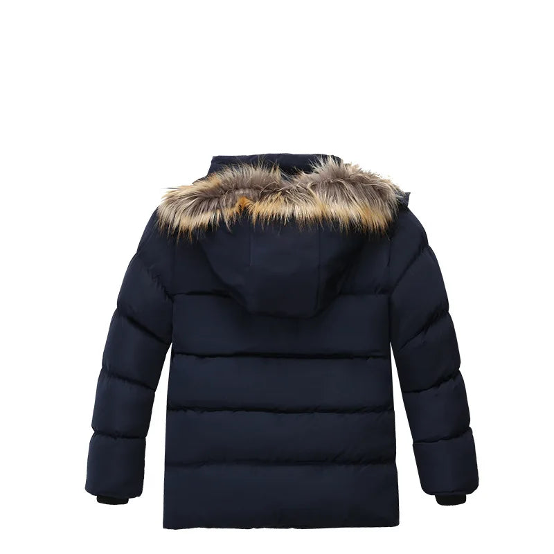 Navy blue puffer jacket with fur-lined hood on a white background