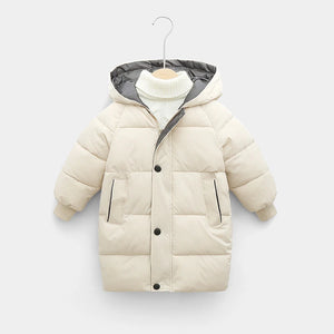 Beige winter coat with gray hood on a white background
