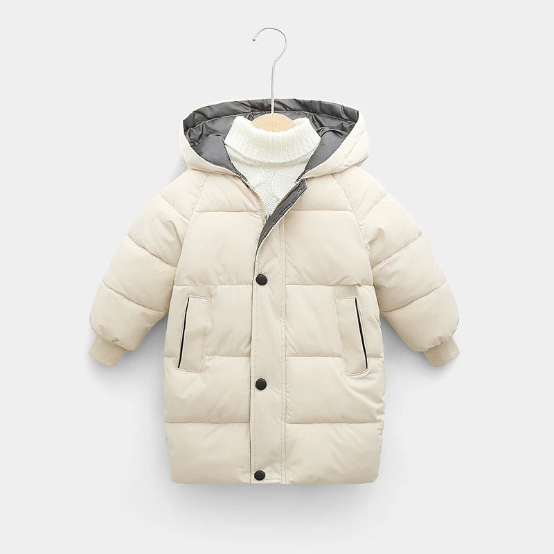 Beige winter coat with gray hood on a white background