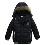 Black winter jacket with fur-lined hood on a white background