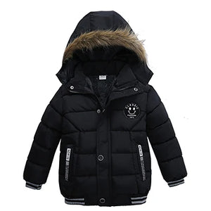 Black winter jacket with fur-lined hood on a white background