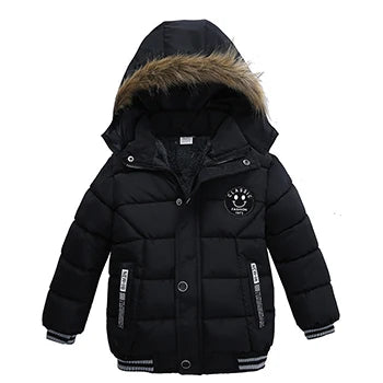 Black winter jacket with fur-lined hood on a white background