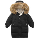 Black winter coat with fur-lined hood on a white background
