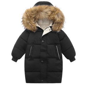 Black winter coat with fur-lined hood on a white background