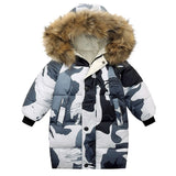 Camouflage-patterned winter jacket with a fur-lined hood on a white background