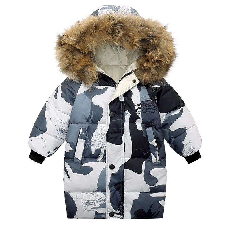 Camouflage-patterned winter jacket with a fur-lined hood on a white background