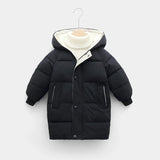 Black puffer jacket with a hood on a white background
