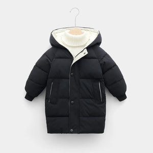 Black puffer jacket with a hood on a white background