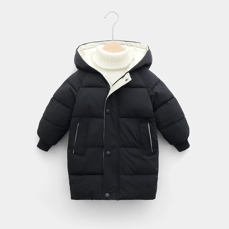 Black puffer jacket with a hood on a white background