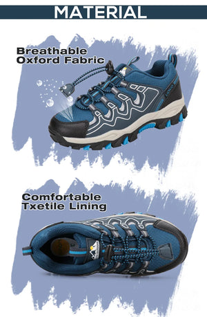 Blue athletic shoes with text describing breathable fabric and textile lining on a blue background