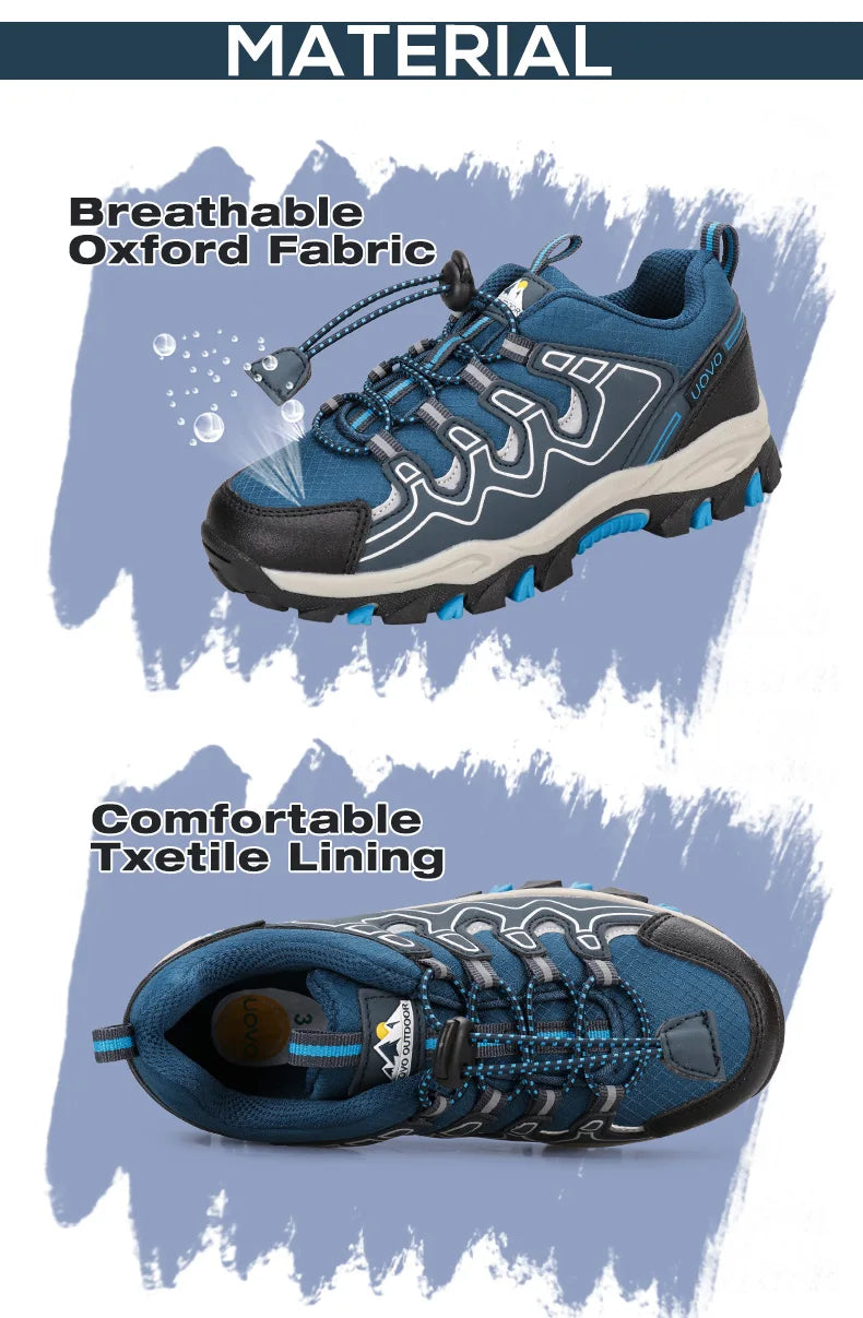 Blue athletic shoes with text describing breathable fabric and textile lining on a blue background