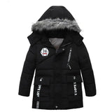 Black winter jacket with fur-lined hood on a white background